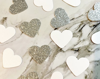 50 x Silver Glitter & White Heart Table Confetti Sprinkles, Birthday, Party, Baby Shower, Wedding, Anniversary