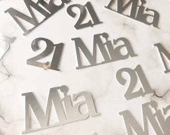40 confeti/chispas de purpurina para mesa con nombre y edad personalizados, para fiesta de 16.º cumpleaños, cualquier número, cualquier nombre, plateado, varios colores