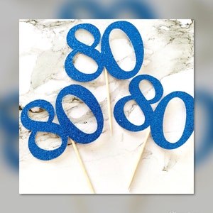 6 x Age Party Glitter Cupcake Toppers, Birthday, Party, Any Age, Many Colours, 80th   Birthday, Royal Blue