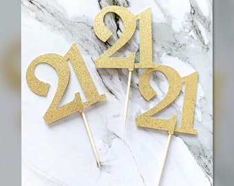 6 x Age Party Glitter Cupcake Toppers, Birthday, Party, Any Age, Many Colours, 21st Birthday, Gold