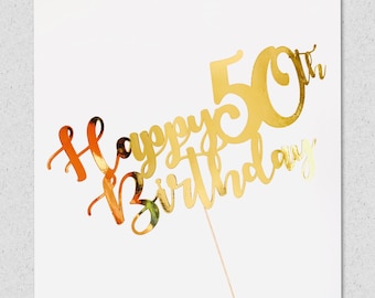 1 x Birthday Gold Mirror Cake Topper, Birthday Cake, Any Age, Party, Silver, Red