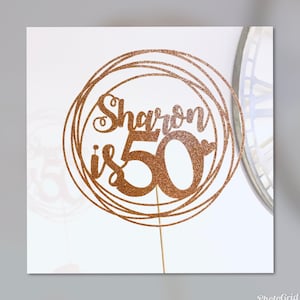 1 x Personalised Circle Glitter Cake Topper, 50th Birthday, Personalised, Any Name, Any Age, Party, Rose Gold, Many Colours, Border
