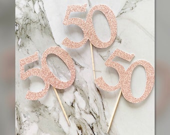 6 x Age Party Glitter Cupcake Toppers, Birthday, Party, Any Age, Many Colours, 50th Birthday, Dusky Pink, Golden Wedding Anniversary