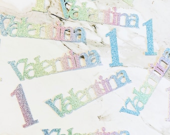 40 x Personalised Name & Age Glitter Table Confetti / Sprinkles, 1st Birthday Party, Any Number, Any Name, Pastel Rainbow, Many More Colours