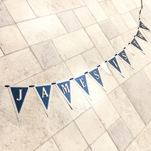 May include: A blue and white banner with the text "James is Two" in white letters. The banner is made of felt and has a glitter finish.