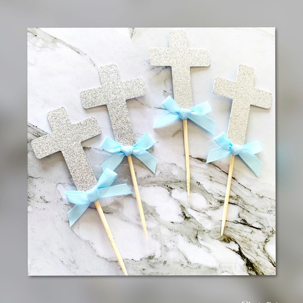 6 x Christening, Baptism Cross Cupcake Toppers, Silver, Gold, Pink & Blue