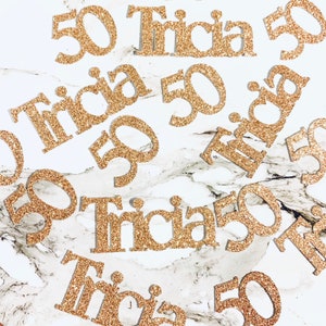 40 coriandoli glitterati da tavolo personalizzati con nome ed età, festa di compleanno, qualsiasi numero, qualsiasi nome, oro rosa, molti altri colori, età 50