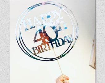 1 x 40th Birthday Circle Mirror Cake Topper, Birthday, Any Age, Party, Silver, Cake Decoration, Other Colours