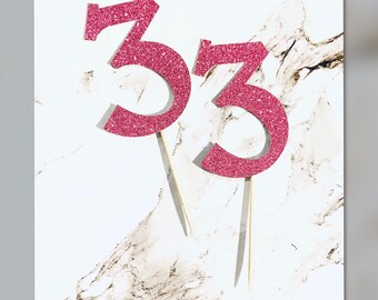 6 x Age Party Glitter Cupcake Toppers, Birthday, Party, Any Age, Many Colours, 3rd Birthday, Hot Pink