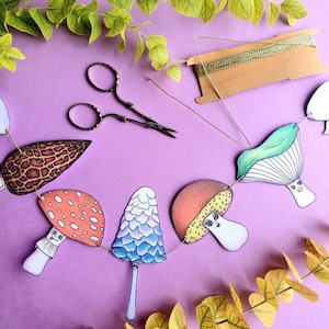 Guirlande de bruant de champignon, décor imprimable de papier de champignons de DIY, décor coloré à la maison, guirlande de nature, décor de partie de champignon, téléchargement numérique