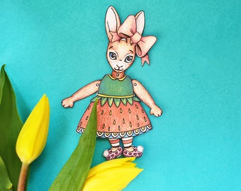 Easter bunny craft print, Printable paper rabbit, Spring garden collage, DIY dress up bunny, Articulated paper doll, Digital download