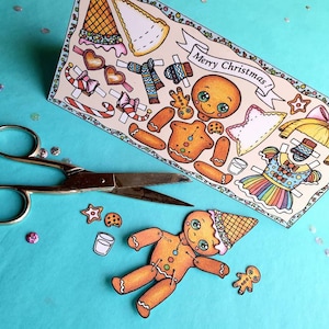 Cartão de felicitações de boneco de gengibre para impressão, Cartão de Natal original que se transforma em uma boneca de papel para vestir, Artesanato de Natal DIY, Download digital