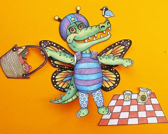Crocodile paper doll, DIY articulated dress up puppet, Dress up game, Spring craft print, Animal paper toy with outfits, Crocodile download