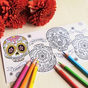Printable Day of the Dead greeting card, 3D sugar skull craft, Day of the Dead colouring activity, DIY Halloween decor, Digital download