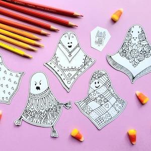 Ghirlanda fantasma fai da te, pagina da colorare di Halloween stampabile, decorazioni per la casa spettrali, lavoretti di carta con i fantasmi, attività facile per bambini di Halloween, download digitale