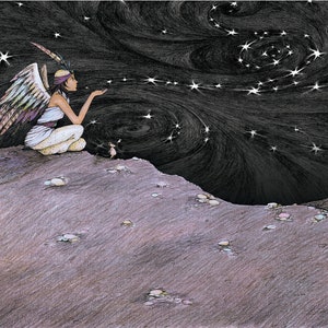 Schutzengel in Sternennacht druckbare Kunst, Boho Engel mit Sternenhimmel Druck, himmlische Boho Schlafzimmer Wanddekoration, digitaler Download