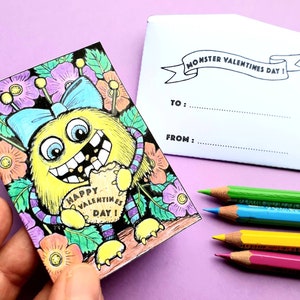 Valentijnsdag kleurkaarten, afdrukbare mini-valentijnskaarten met enveloppen, liefdesmonsters ambachtelijke valentijnskaart, instant digitale download