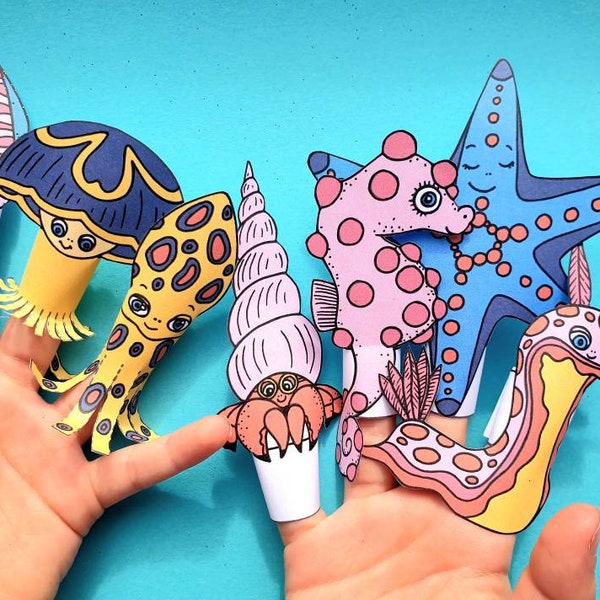 Printable Finger Puppets / Sea animals colouring page / DIY print and colour puppets / Under the Sea kids activity / Digital download