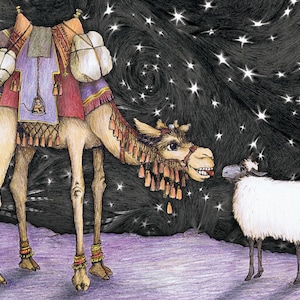 Camello con oveja en decoración de pared de noche estrellada, Imprime tu propio dibujo navideño del cielo nocturno, Arte de sala de guardería de animales Boho, Descarga digital