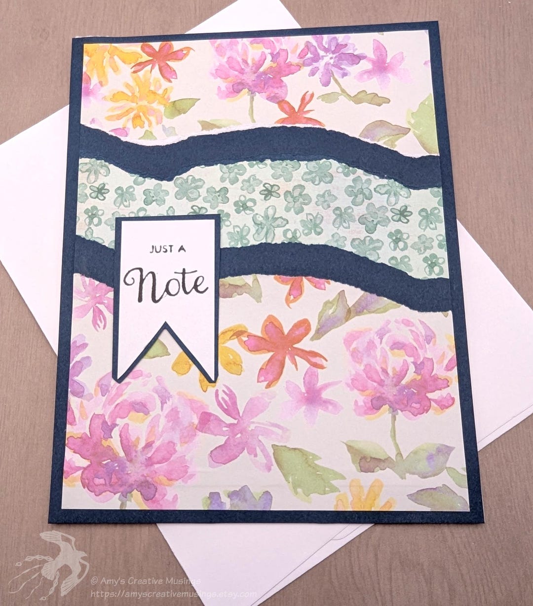 Handmade Just a Note Card: Pink and Green Floral Fault Line Design - A2 ...