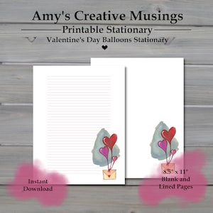 Papelería imprimible: Globos de San Valentín, páginas para diario con y sin forro de 8,5" x 11"