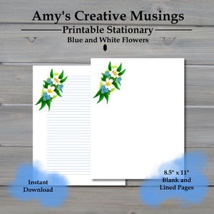 Printable Stationery: Blue and White Flowers, Lined and Unlined 8.5&quot; x 11&quot; Journaling Pages