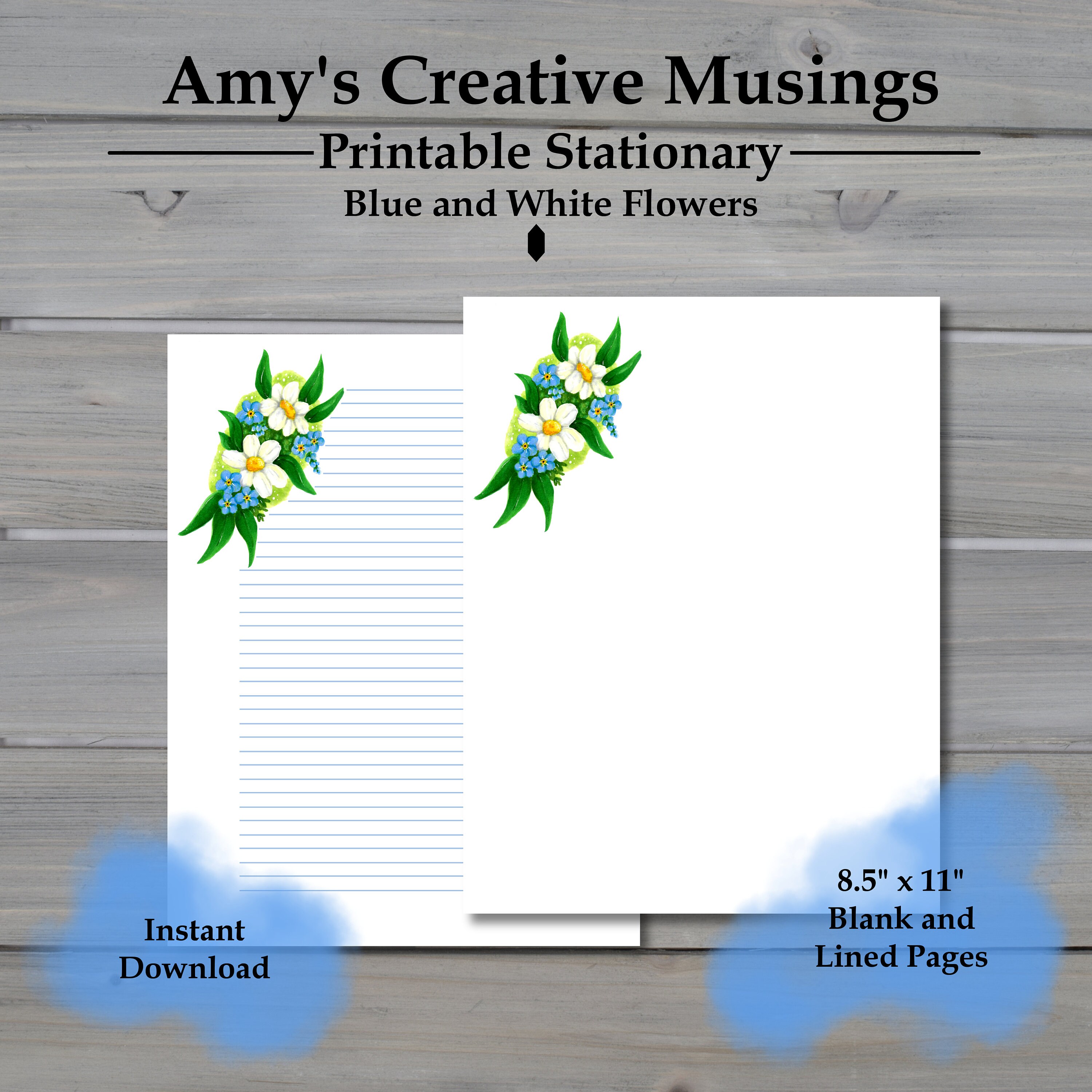 Printable Stationery: Blue and White Flowers, Lined and Unlined 8.5 X ...