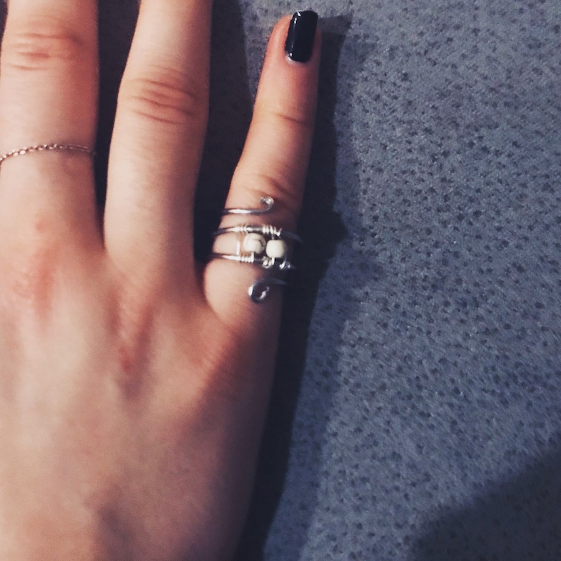silver wire with white beads ring