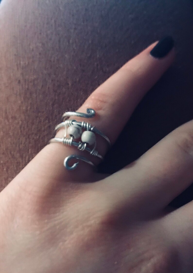 silver wire with white beads ring