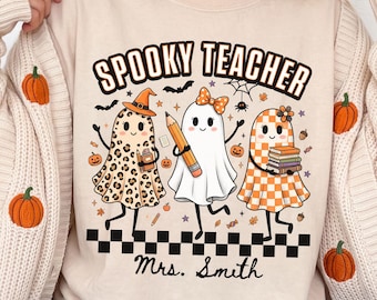 Personalized Halloween Teacher Shirt, Comfort Colors Tee, Spooky Retro Checker, Custom Name, Cute Fall Teacher T-Shirt, Classroom Apparel