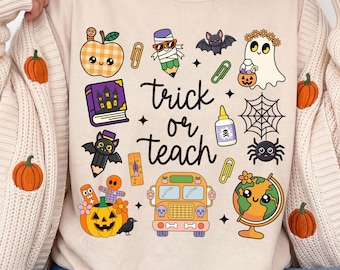 Halloween Teacher Shirt, Comfort Colors Trick or Teach Tee, Doodle T-Shirt, Cute Spooky Fall Top, Whimsical Classroom Apparel, Educator Gift