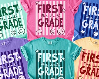 Comfort Colors, Personalized First Grade Teacher Shirt, 1st Grade Club Tee, Custom Name Tee, Back to School, Striped, Group T-Shirt, Team