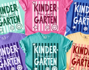Comfort Colors, Personalized Kindergarten Teacher Shirt, Grade Level Club Tee, Custom Name Tee, Back to School, Striped, Group T-Shirt, Team