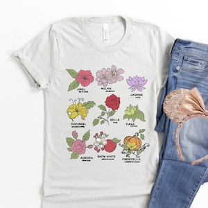 Disney Inspired - Princess - Flowers - Short Sleeve T Shirt - Snow White, Aurora, Cinderella, Tiana, Belle, Mulan, Ariel, Rapunzel, Jasmine