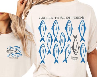 Christian Shirt, Comfort Colors, Christian Tee, Nautical, Sea Life, Called To Be Different, Fish, Front and Back, Doodle, Bible Verse, Gift