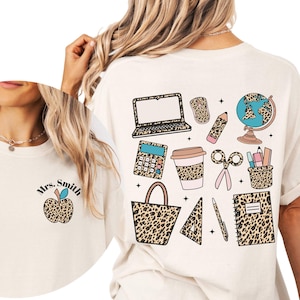 Personalized Teacher Shirt, Custom Teacher Tee, Leopard Print, Comfort Colors, School Supplies, Front and Back, Name, Apple, Teacher Gift