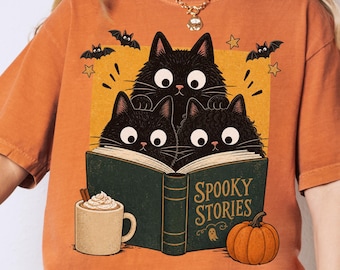Black Cat Halloween Shirt, Spooky Stories, Comfort Colors, Book Lover, Funny Cat, Cozy Fall Reading Tshirt, Reader Gift, Retro Graphic Tee