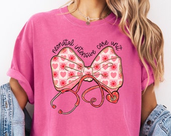 NICU Comfort Colors® Valentine T-Shirt, Neonatal Intensive Care Unit, Valentine's Day Coquette, Hearts Bow, Doctor, RN, Nurse, Tee, Gift
