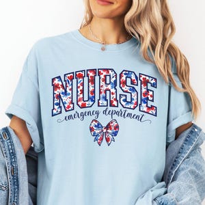 4th of July Emergency Department Nurse Shirt, ER Patriotic Tee, Comfort Colors®, Flower RN T-Shirt, ED, Varsity, Bow, Tshirt, Gift for Nurse