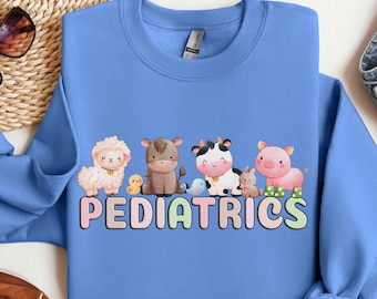 Pädiatrie Sweatshirt, PEDS Bauernhof Tiere Pullover, Pädiatrie Krankenschwester Rundhalsausschnitt, PICU, Doktor, Kinder RN Sweatshirt, Geschenk für Kinderpflegerin