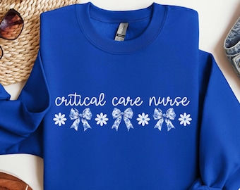 Critical Care Nurse Sweatshirt, Intensive Care Unit, CCU RN Sweater, Emergency ICU Crewneck, Crew, Blue Coquette, Bow, Flowers, Girly, Gift