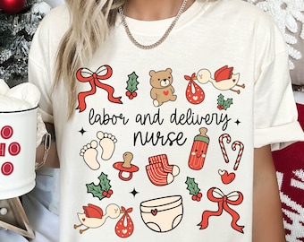 Camiseta de Natal para enfermeira de parto e parto, cores confortáveis, camiseta de Natal em L e D, camiseta divertida e estilosa, para médico, equipe, L&D, RN, presente de enfermeira