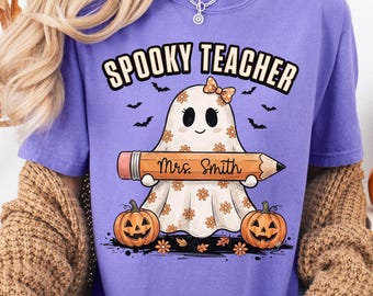 Personalized Halloween Teacher Shirt, Comfort Colors Tee, Spooky Retro Ghost, Custom Name, Cute Fall Teacher T-Shirt, Classroom Apparel