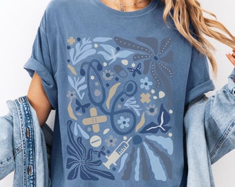 Floral Nurse Shirt, Comfort Colors®, Boho, Botanical, Blue Flowers, Wildflower, Retro, Vintage, Stethoscope, RN, Registered Nurse, Gift