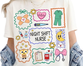 Comfort Colors, Night Shift Nurse T-Shirt, RN Tee, LPN, CNA, Whimsical, Doodle, Nursing, Nurses Apparel