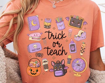 Halloween Teacher Shirt, Comfort Colors Trick or Teach Tee, Doodle T-Shirt, Cute Spooky Fall Top, Whimsical Classroom Apparel, Educator Gift