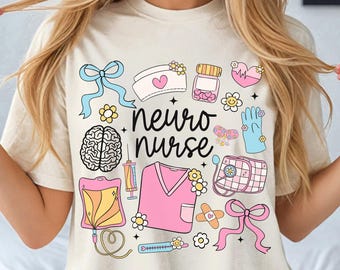Neuro Nurse Shirt, Neurology Tee, Comfort Colors, Neuro Intensive Care Unit, Whimsical, Retro, Doodle, Coquette, Neuro ICU, RN, NP, Gift