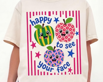 Teacher Shirt, Back to School T-Shirt, Teaching Tee, Comfort Colors, Happy to See Your Face, Colorful Apples, Trendy Stripe Tshirt