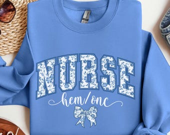 HEM ONC Sweatshirt, Hematology Oncology Varsity Sweater, Fleece, Nurse, Crew, Coquette, Bow, RN, Gift for Cancer Nurse, Crewneck, Nursing