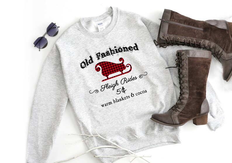 Warm Blankets /& Cocoa Old Fashioned Sleigh Rides Winter Holiday Christmas Plaid Snow Crewneck Sweatshirt Gift